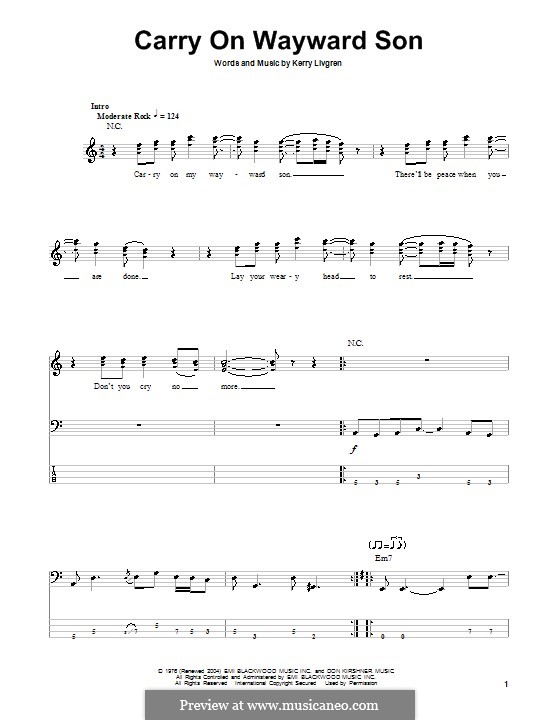 Carry on Wayward Son (Kansas): For bass guitar with tab by Kerry Livgren