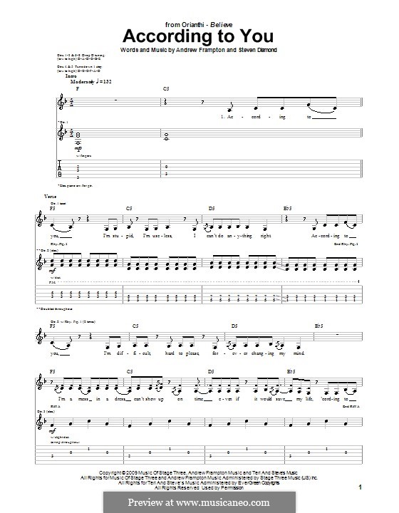 According to You (Orianthi): For guitar with tab by Andrew Frampton, Steven Diamond