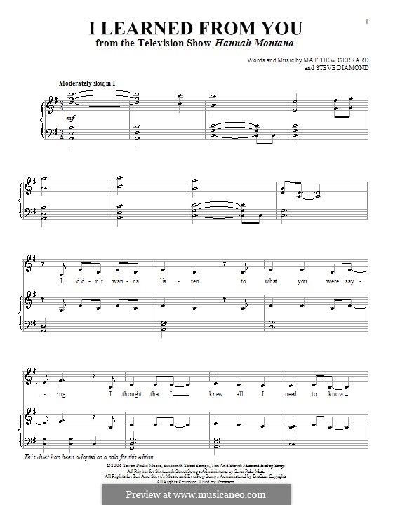 I Learned from You (Miley Cyrus): For voice and piano (or guitar) by Matthew Gerrard, Steven Diamond