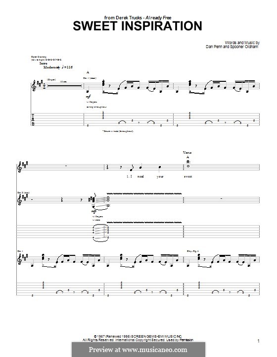 Sweet Inspiration (The Derek Trucks Band): For guitar with tab by Dan Penn, Spooner Oldham