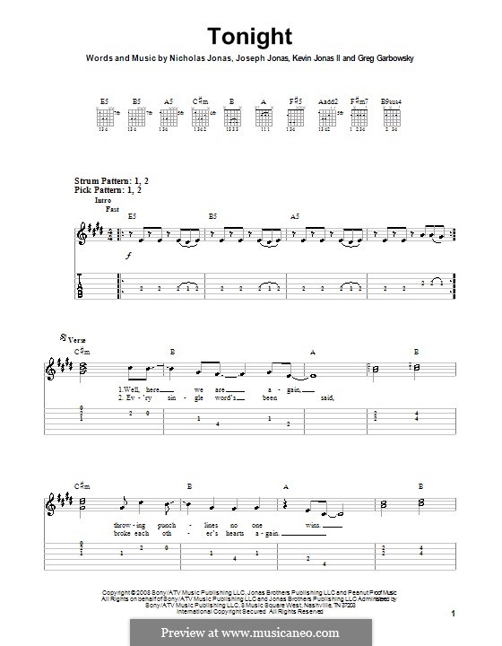 Tonight (Jonas Brothers): For guitar (very easy version) by Greg Garbowsky, Joseph Jonas, Kevin Jonas Sr., Nicholas Jonas