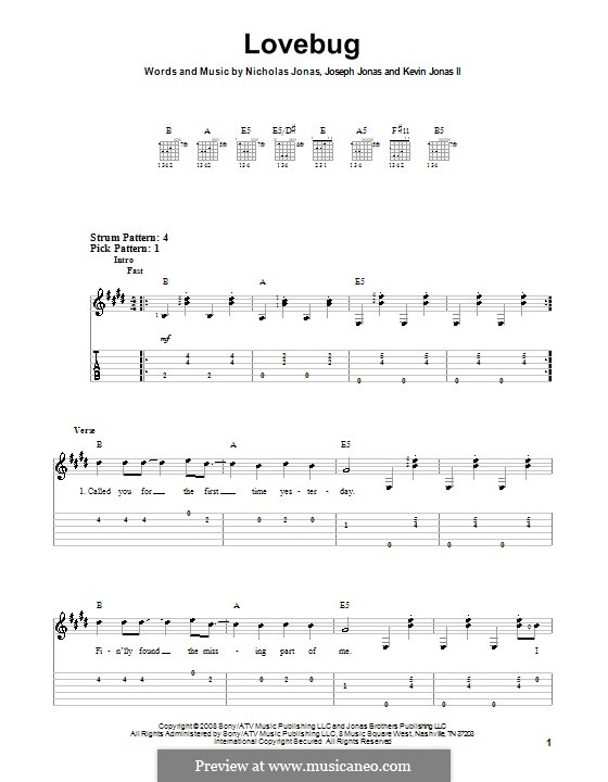 Lovebug (Jonas Brothers): For guitar (very easy version) by Joseph Jonas, Kevin Jonas Sr., Nicholas Jonas
