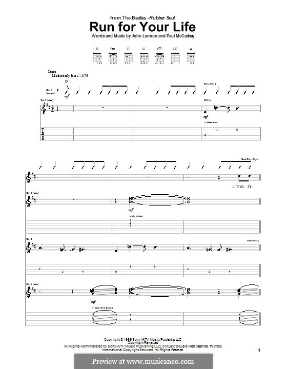 Run for Your Life (The Beatles): For guitar with tab by John Lennon, Paul McCartney