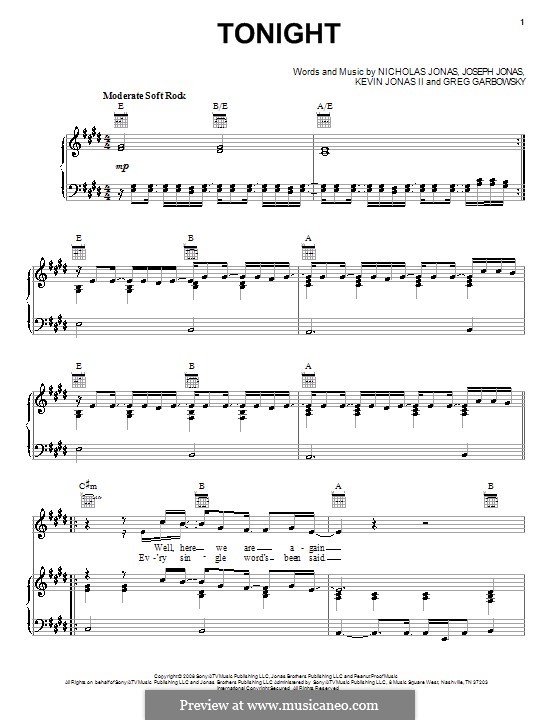 Tonight (Jonas Brothers): For voice and piano (or guitar) by Greg Garbowsky, Joseph Jonas, Kevin Jonas Sr., Nicholas Jonas