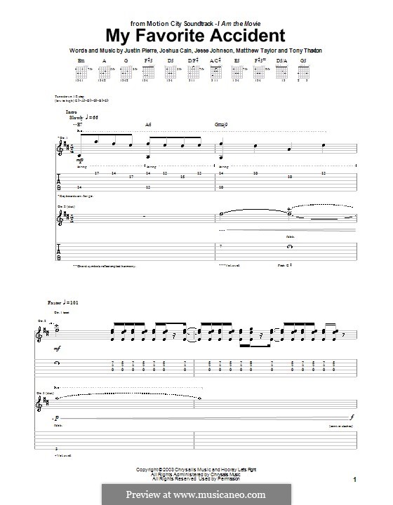 My Favorite Accident (Motion City Soundtrack): For guitar with tab by Jesse Johnson, Joshua Cain, Justin Pierre, Matthew Taylor, Tony Thaxton