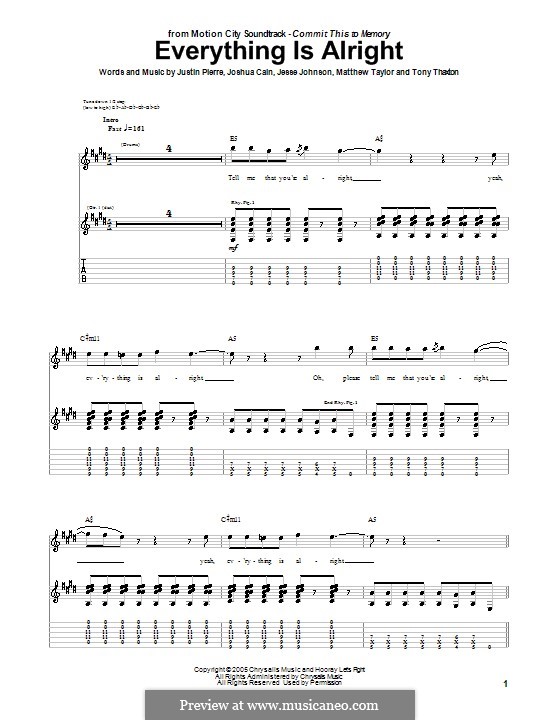 Everything Is Alright (Motion City Soundtrack): For guitar with tab by Jesse Johnson, Joshua Cain, Justin Pierre, Matthew Taylor, Tony Thaxton