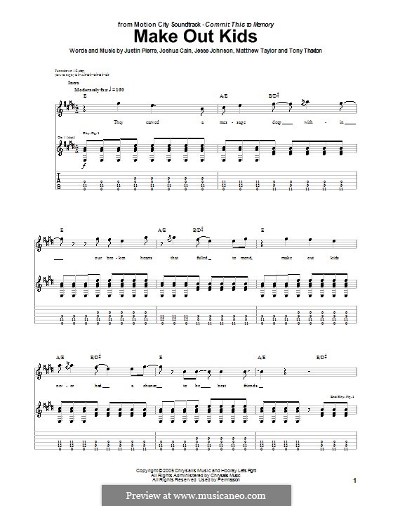 Make Out Kids (Motion City Soundtrack): For guitar with tab by Jesse Johnson, Joshua Cain, Justin Pierre, Matthew Taylor, Tony Thaxton