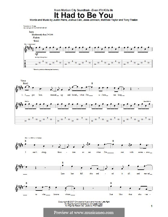 It Had To Be You (Motion City Soundtrack): For guitar with tab by Jesse Johnson, Joshua Cain, Justin Pierre, Matthew Taylor, Tony Thaxton