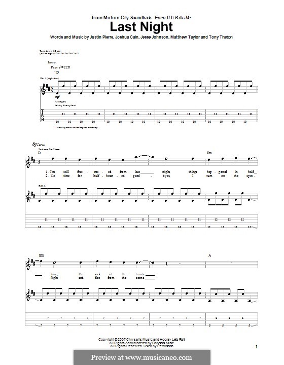 Last Night (Motion City Soundtrack): For guitar with tab by Jesse Johnson, Joshua Cain, Justin Pierre, Matthew Taylor, Tony Thaxton