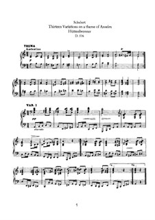 Thirteen Variations on a Theme of A. Hüttenbrenner, D.576: For piano by Franz Schubert