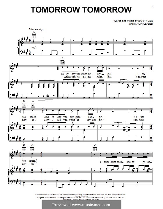 Tomorrow Tomorrow (The Bee Gees): For voice and piano (or guitar) by Barry Gibb, Maurice Gibb
