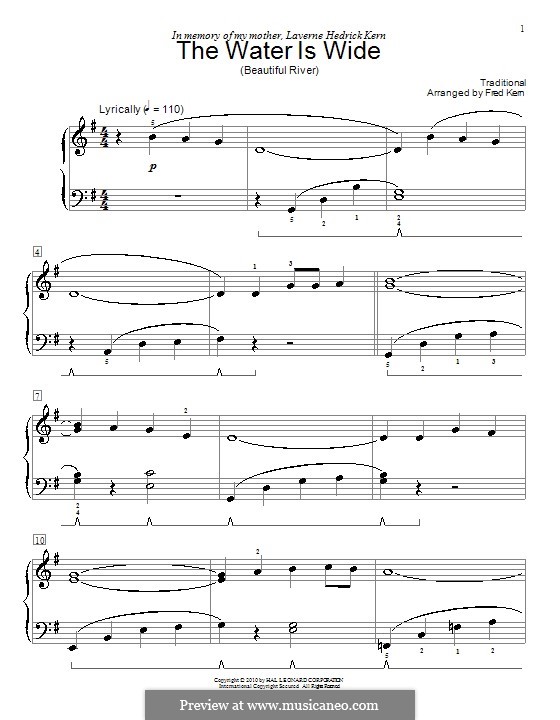 The Water is Wide (O Waly, Waly), Printable scores: For piano by folklore