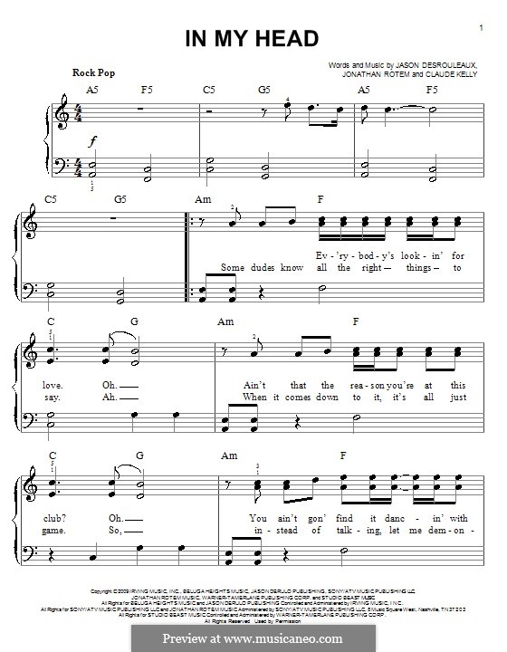 In My Head (Jason Derülo): For easy piano by Claude Kelly, Jason Desrouleaux, Jonathan Rotem