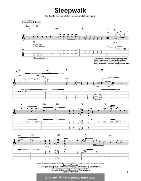 Sleepwalk (Santo & Johnny): For guitar with tab by Ann Farina, John Farina, Santo Farina