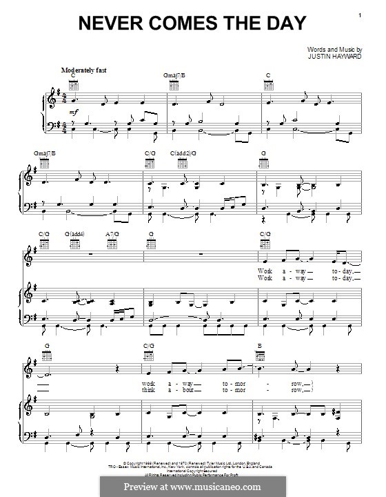 Never Comes the Day (The Moody Blues): For voice and piano (or guitar) by Justin Hayward