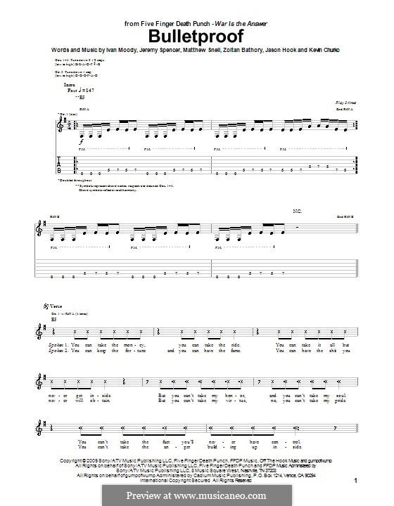 Bulletproof (Five Finger Death Punch): For guitar by Ivan L. Moody, Jason Hook, Jeremy Spencer, Kevin Churko, Matthew Snell, Zoltán Bathory