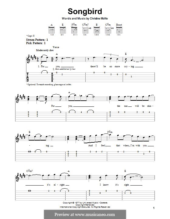 Songbird (Fleetwood Mac): Easy guitar tab by Christine McVie