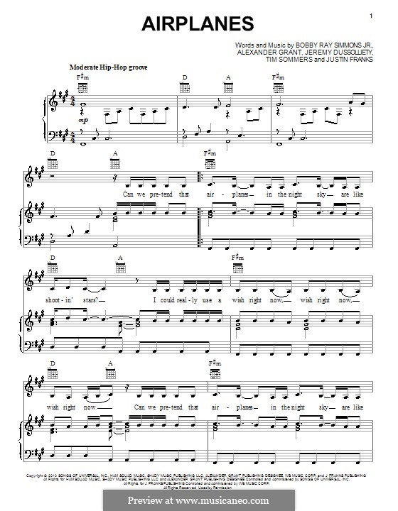 Airplanes (B.o.B. featuring Hayley Williams): For voice and piano (or guitar) by Alexander Grant, Bobby Ray Simmons Jr., Jeremy Dussolliet, Justin Franks, Tim Sommers