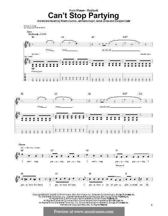 Can't Stop Partying (Weezer): For guitar with tab by Dwayne Carter, Jamal Jones, Jermaine Dupri, Rivers Cuomo