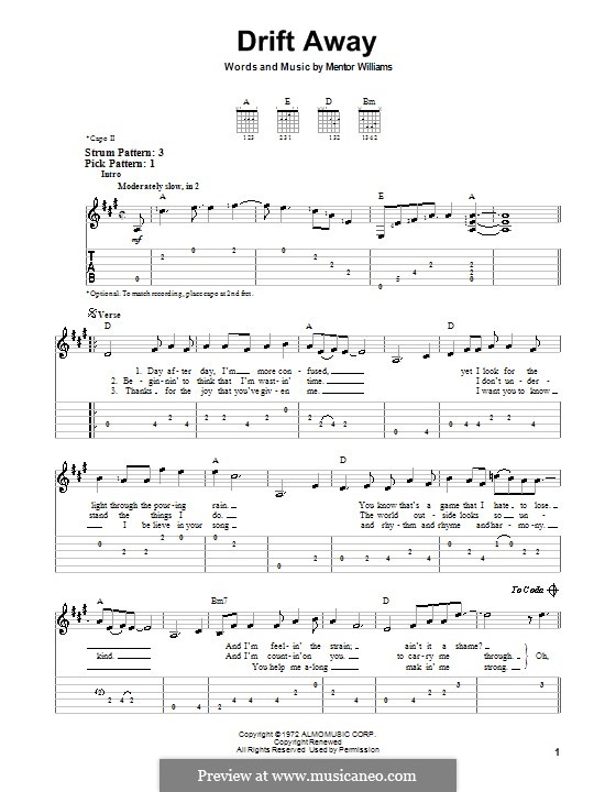 Drift Away (Dobie Gray): For guitar (very easy version) by Mentor Williams