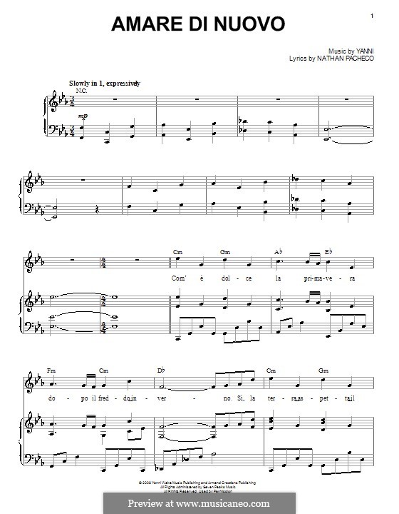 Amare di Nuovo (Yanni): For voice and piano (or guitar) by Nathan Pacheco