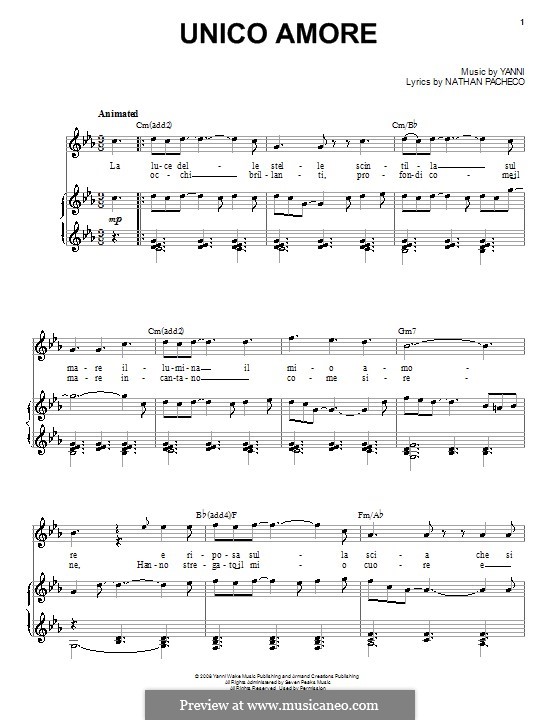 Unico Amore (Yanni): For voice and piano (or guitar) by Nathan Pacheco
