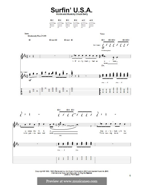 Surfin' U.S.A. (The Beach Boys): For guitar with tab by Chuck Berry