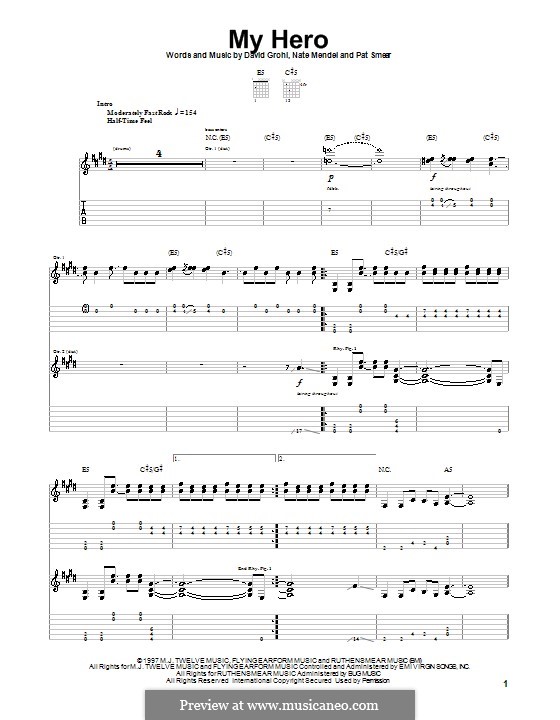 Foo Fighters My Hero Guitar Tab in E Major - Download & Print - SKU:  MN0082986