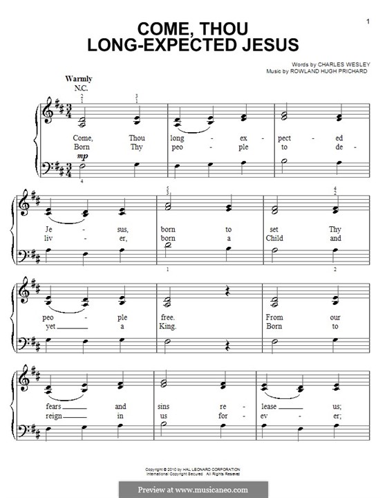 Come, Thou Long-Expected Jesus: For easy piano by Rowland Huw Prichard