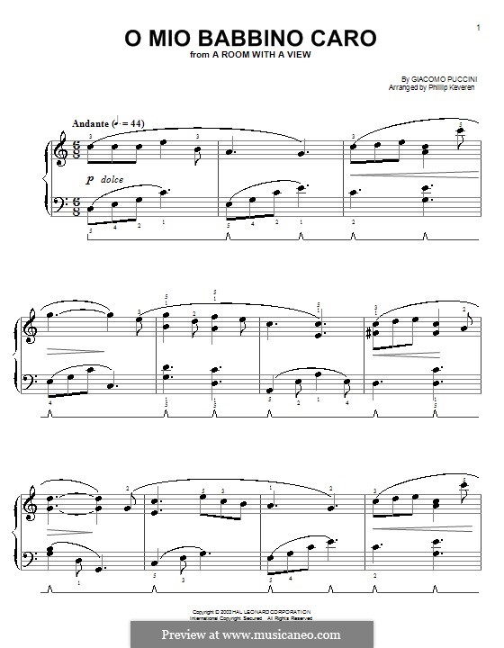 O mio babbino caro: For easy piano (C Major) by Giacomo Puccini