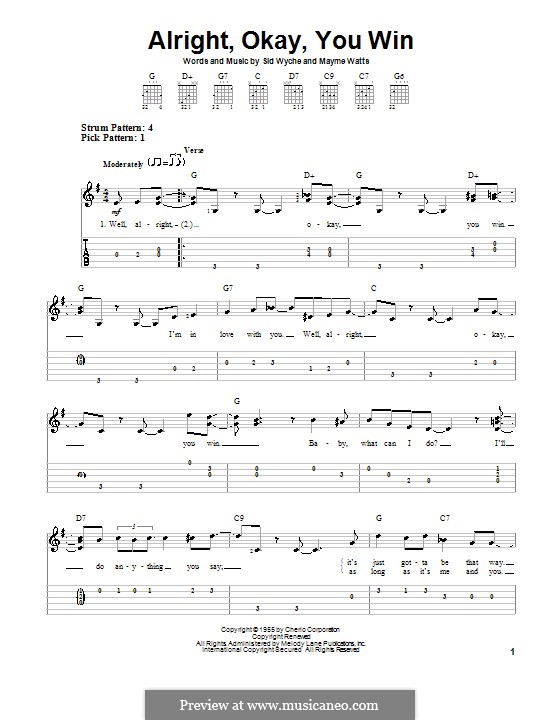 Alright, Okay, You Win (Peggy Lee): For guitar (very easy version) by Mayme Watts, Sid Wyche