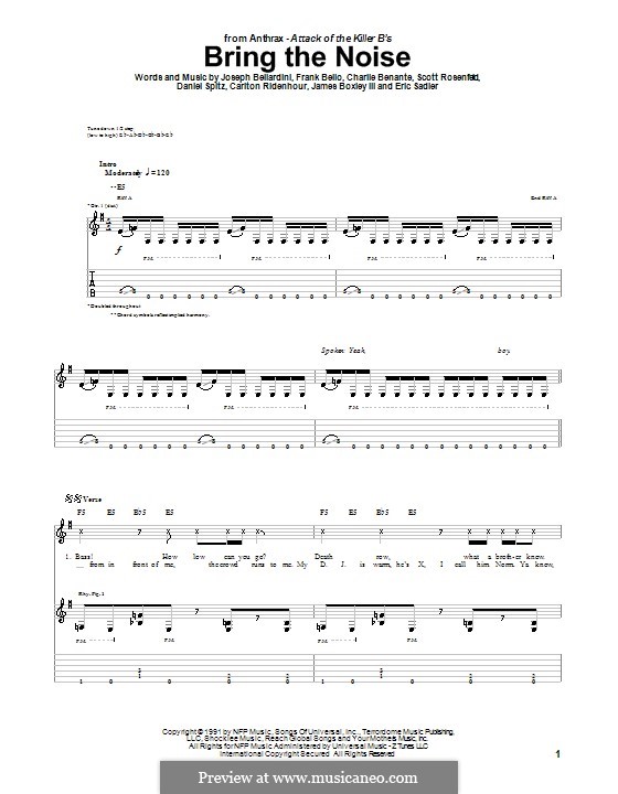 Bring the Noise (Anthrax): For guitar with tab by Carlton Ridenhour, Charlie Benante, Daniel Spitz, Eric Sadler, Frank Bello, James Boxley III, Joseph Bellardini, Scott Ian Rosenfeld