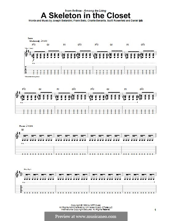 A Skeleton in the Closet (Anthrax): For guitar with tab by Charlie Benante, Daniel Spitz, Frank Bello, Joseph Bellardini, Scott Ian Rosenfeld