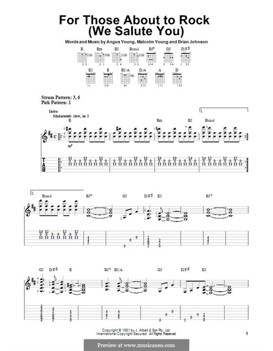 For Those About to Rock (We Salute You): Easy guitar tablature (AC/DC) by Angus Young, Brian Johnson, Malcolm Young