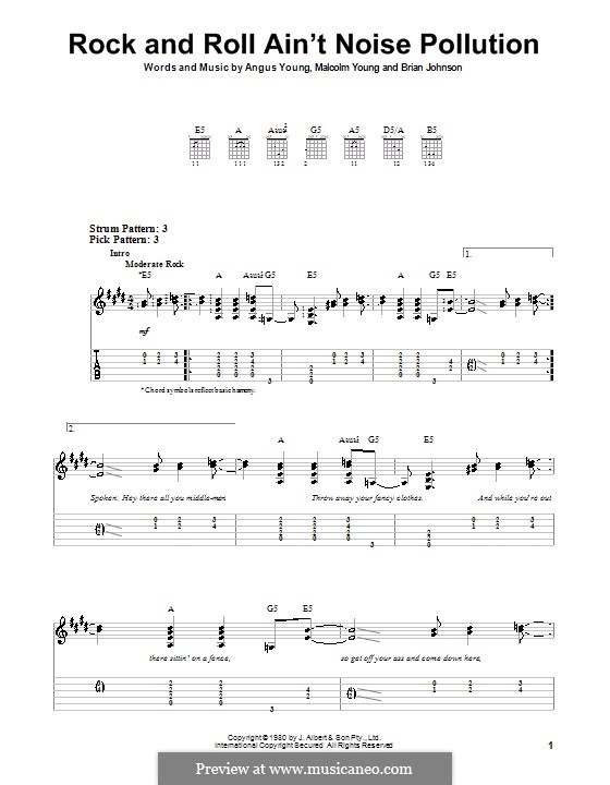 Rock and Roll Ain't Noise Pollution (AC/DC): For guitar (very easy version) by Angus Young, Brian Johnson, Malcolm Young