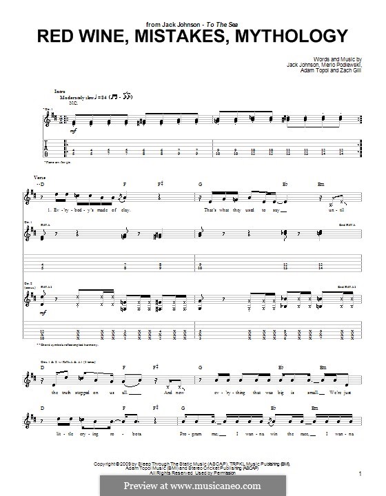 Red Wine, Mistakes, Mythology: For guitar with tab by Adam Topol, Merlo Podlewski, Zach Gill