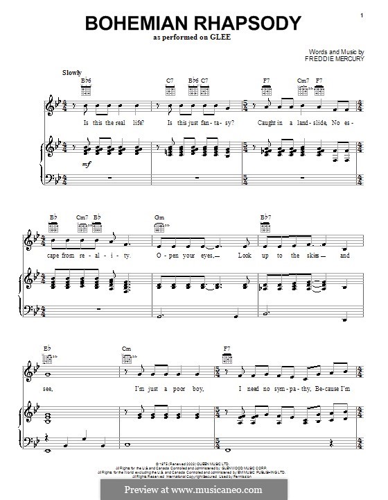 Bohemian Rhapsody Queen by Freddie Mercury  sheet music on MusicaNeo