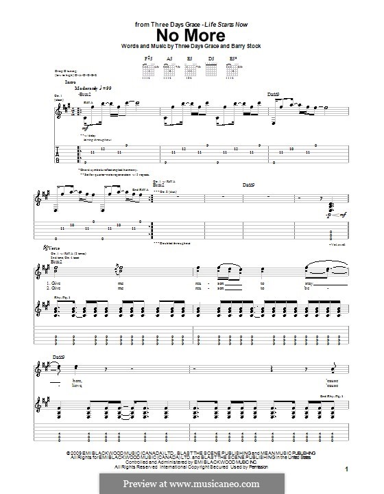 No More (Three Days Grace): For guitar with tab by Adam Gontier, Barry Stock, Brad Walst, Neil Sanderson