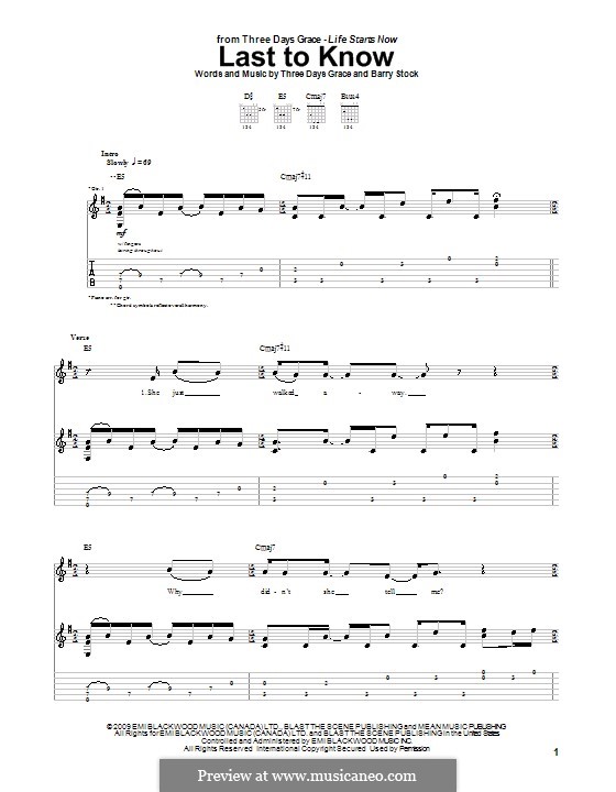 Last to Know (Three Days Grace): For guitar with tab by Adam Gontier, Barry Stock, Brad Walst, Neil Sanderson