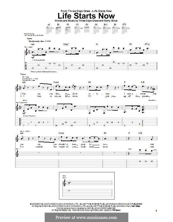Life Starts Now (Three Days Grace): For guitar with tab by Adam Gontier, Barry Stock, Brad Walst, Neil Sanderson