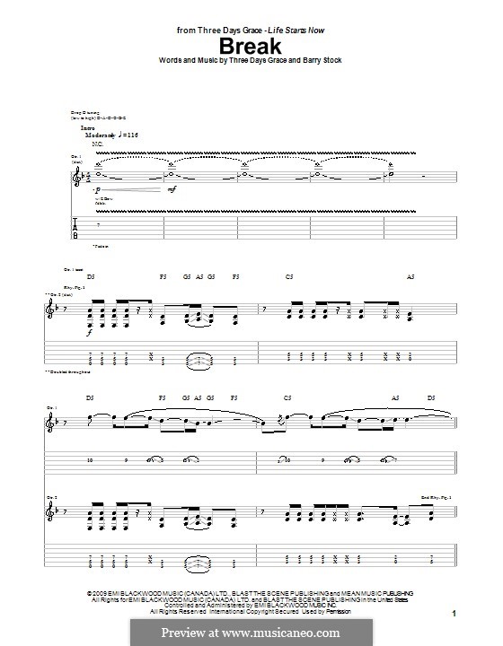 Break (Three Days Grace): For guitar with tab by Adam Gontier, Barry Stock, Brad Walst, Neil Sanderson