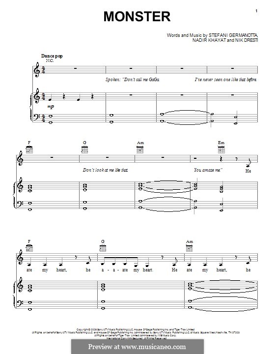 Monster (Lady Gaga): For voice and piano (or guitar) by RedOne, Nick Dresti, Stefani Germanotta