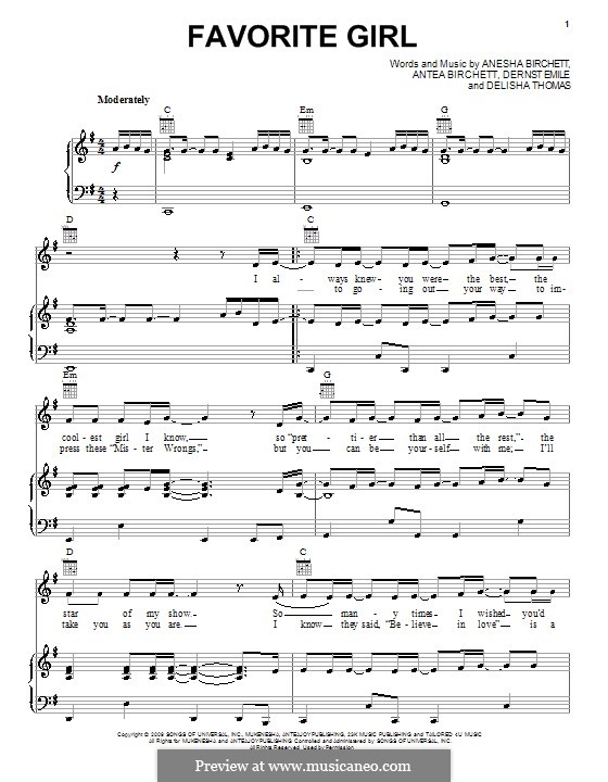 Favorite Girl (Justin Bieber): For voice and piano (or guitar) by Anesha Birchett, Antea Birchett, Delisha Thomas, Dernst Emile