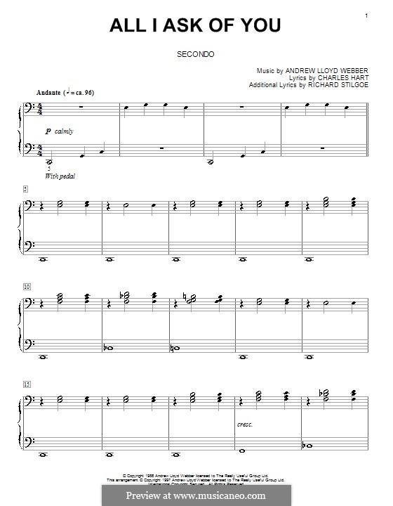 All I Ask of You, for piano: For four hands by Andrew Lloyd Webber
