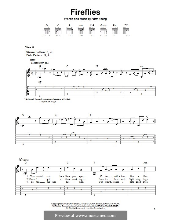 Fireflies (Owl City): For guitar (very easy version) by Adam Young