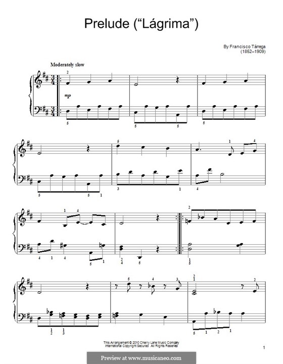 Lagrima. Prelude: For easy piano by Francisco Tárrega