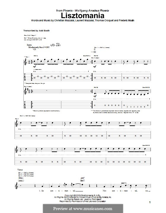 Lisztomania (Phoenix): For guitar with tab by Christian Mazzalai, Frederic Moulin, Laurent Mazzalai, Thomas Croquet