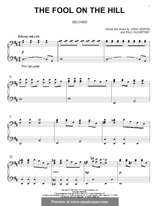The Fool on the Hill (The Beatles): For piano four hands by John Lennon, Paul McCartney