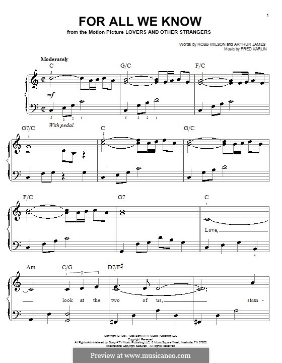 For All We Know (Carpenters): For easy piano by Fred Karlin, Jimmy Griffin, Robert Wilson