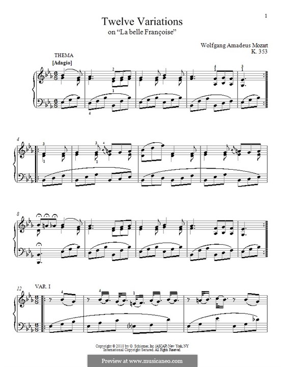 Twelve Variations on 'La Belle Françoise', K.353: For piano by Wolfgang Amadeus Mozart